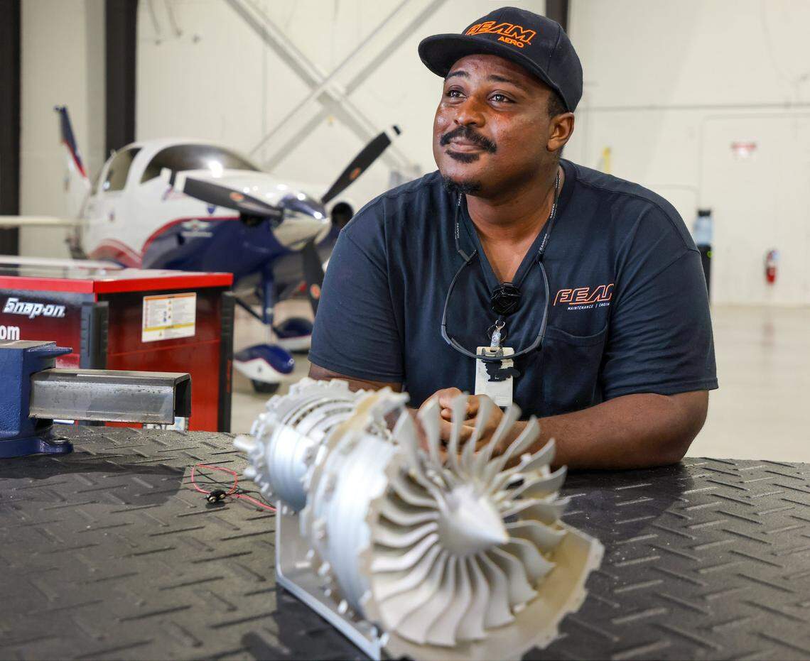 Enocch Marshall takes in the transition from uncertainty to a career in aviation technology after enrolling in a job training program on Thursday, September 11, 2025 at Bitts in Opa-Locka, Florida.