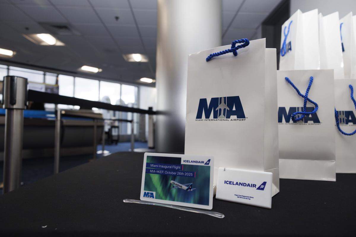 Gifts given out to passengers as they boarded the only direct flight between Miami and Iceland on Icelandair on Sunday, Oct. 26, 2025, at Miami International Airport in Miami, Fla.