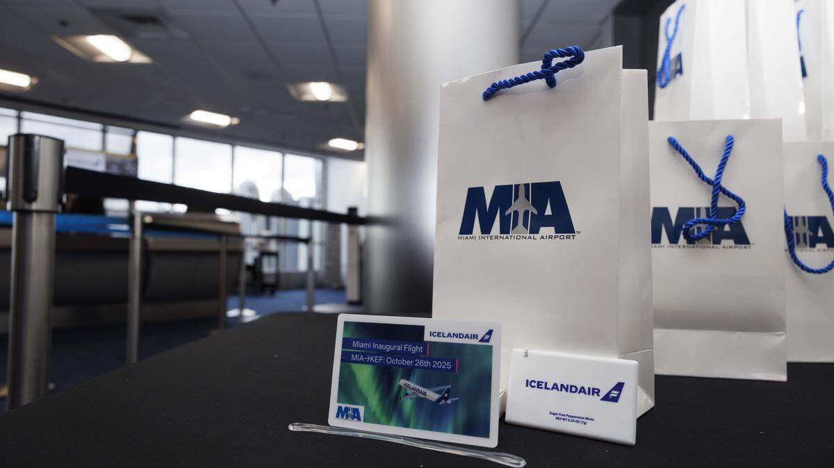 Gifts given out to passengers as they boarded the only direct flight between Miami and Iceland on Icelandair on Sunday, Oct. 26, 2025, at Miami International Airport in Miami, Fla.