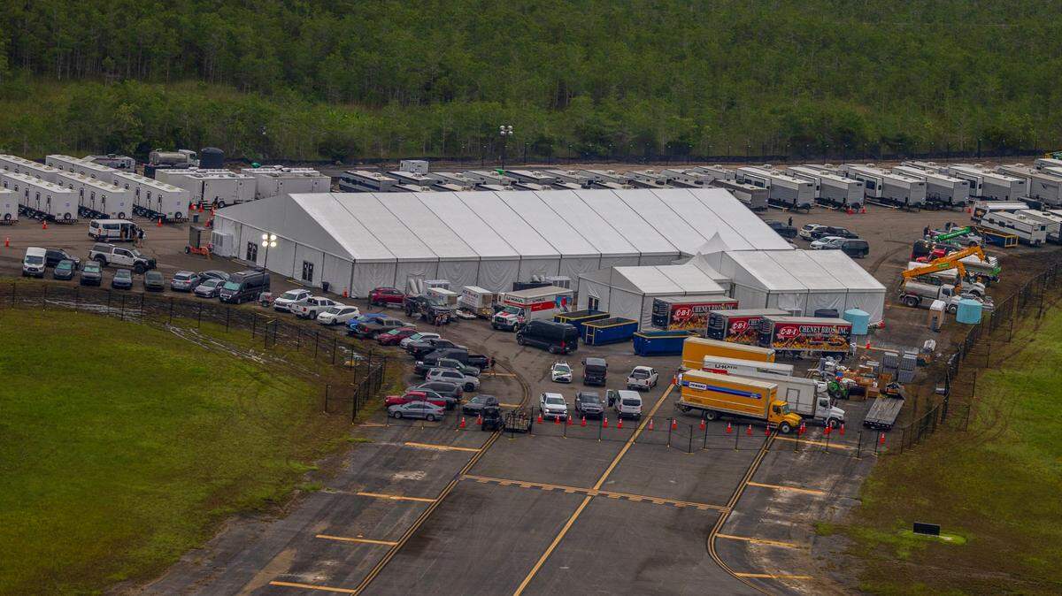 Aerial view of structures including gigantic tents built at the recently opened migrant detention center, “Alligator Alcatraz,” located at the site of the Dade-Collier Training and Transition Airport in Ochopee, Florida on Friday July 04, 2025.