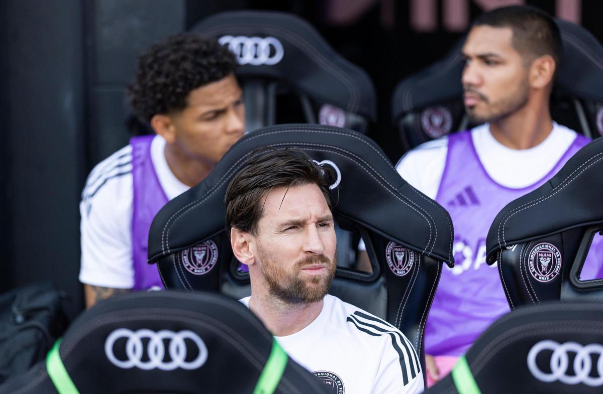 Inter Miami forward Lionel Messi (10) looks on from the bench before his team plays against Charlotte FC in their MLS match at Chase Stadium on Sunday, March 9, 2025, in Fort Lauderdale, Fla.