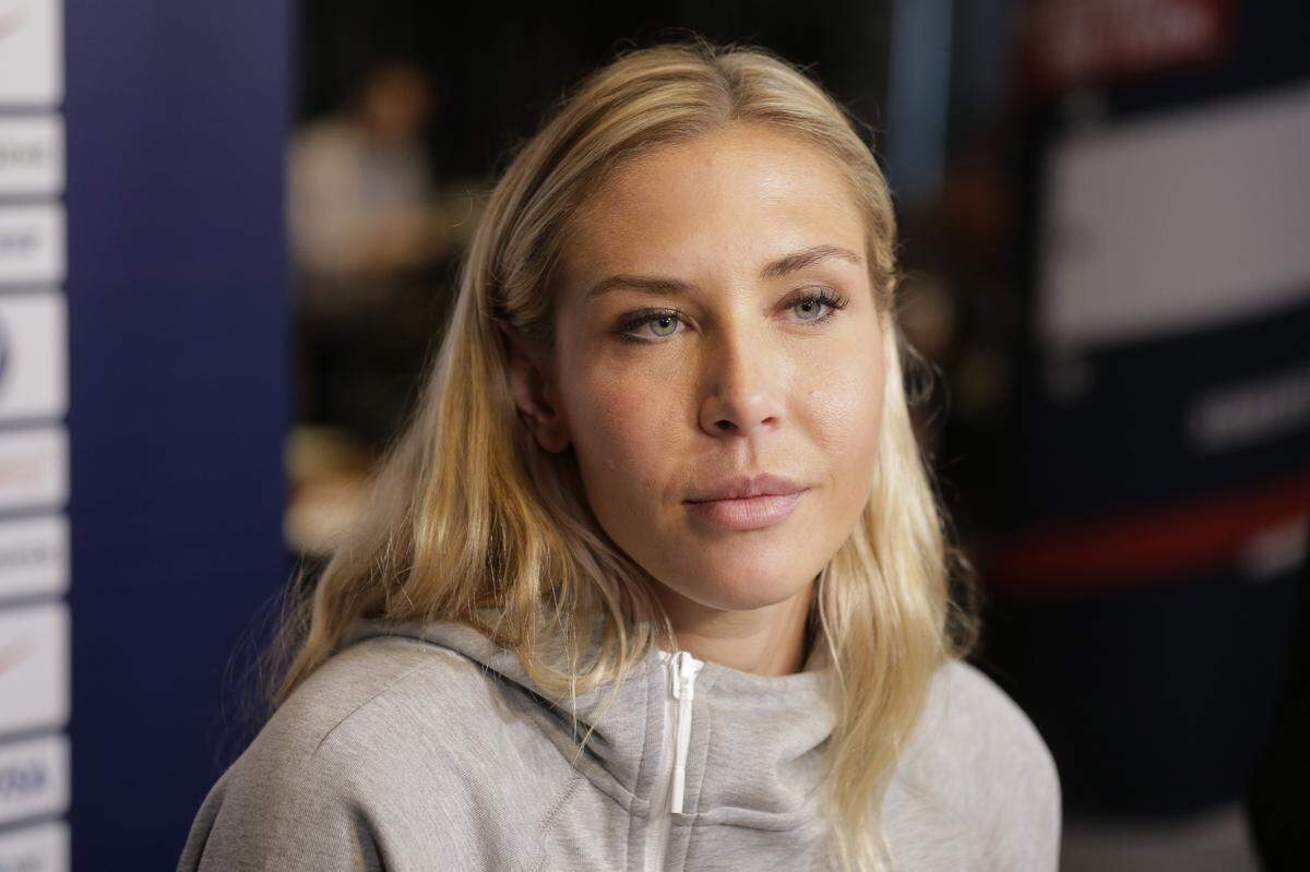 Allie Long, a member of the United States women’s national soccer team, speaks to reporters during a media day in New York, Friday, May 24, 2019.