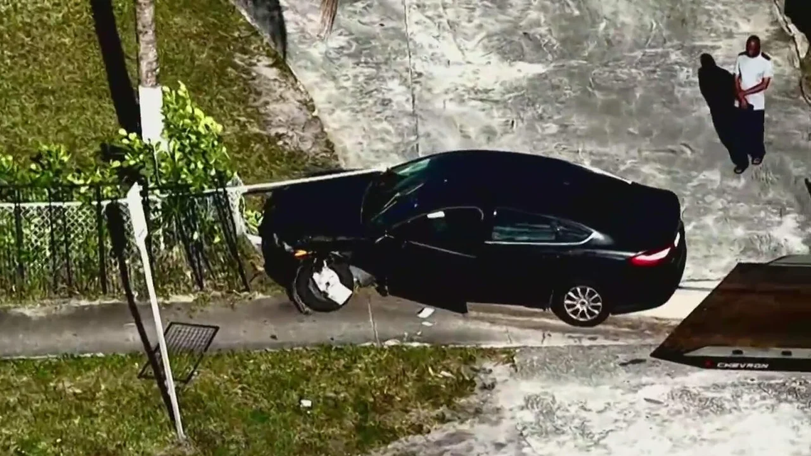 Miami Gardens police say a speeding Ford Fusion went onto a swale to dodge traffic then hit a tree and an 11-year-old, who has a head injury. The collision happened on Tuesday morning, April 28, 2026.