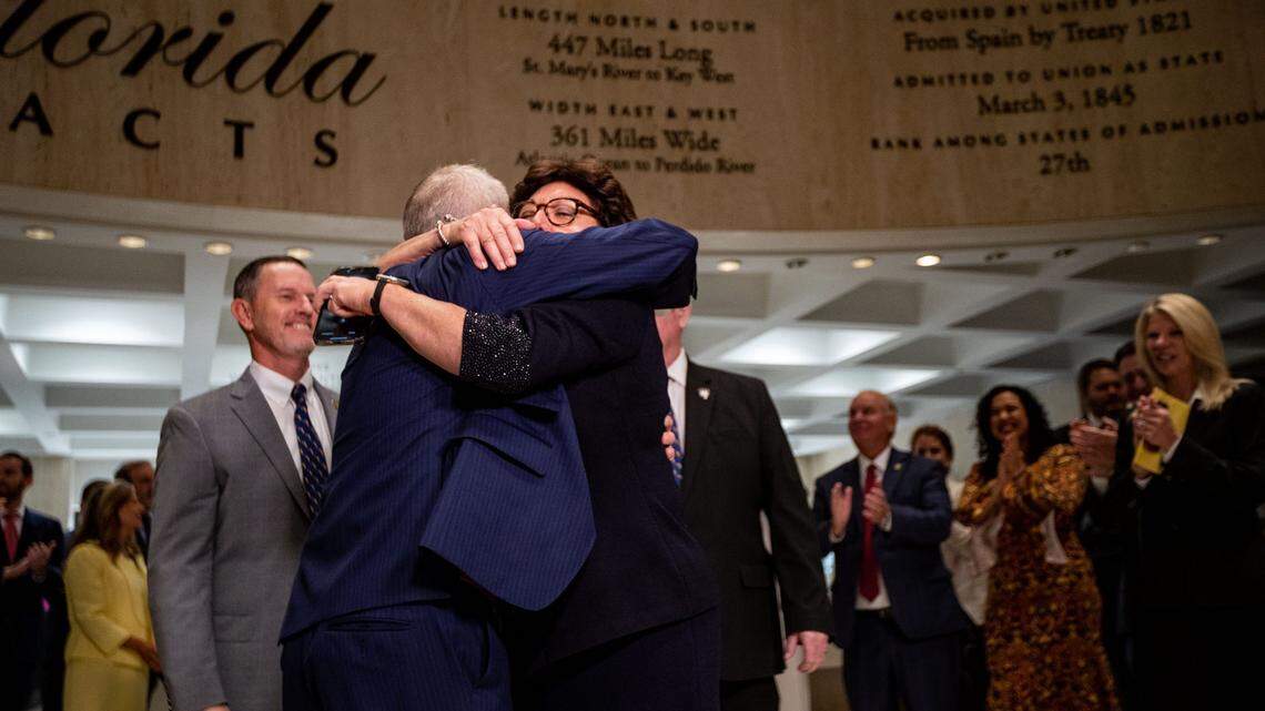Speaker of the House Paul Renner and Senate President Kathleen Passidomo embrace in the fourth floor rotunda at the close of the 2023 Florida legislative session on Friday, May 5, 2023.