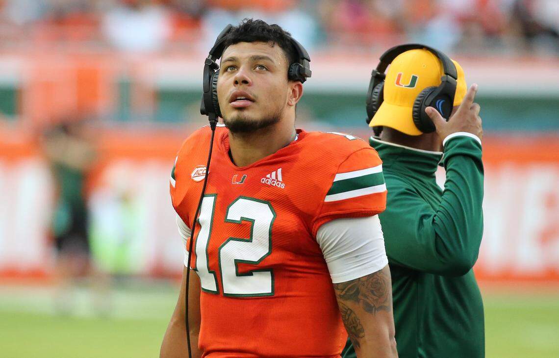 Miami Hurricanes quarterback Malik Rosier (12) on the sidelines during Saturday’s 31-17 victory against FIU.