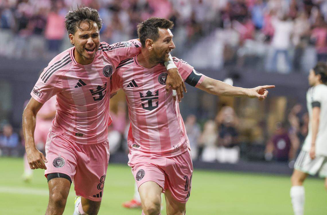 Inter Miami CF midfielder Telasco Segovia (8) and forward Lionel Messi (10) react after Messi scores against Austin FC in the first half half of their MLS match at Nu Stadium in Miami Freedom Park on Saturday, April 4, 2026, in Miami, Florida.