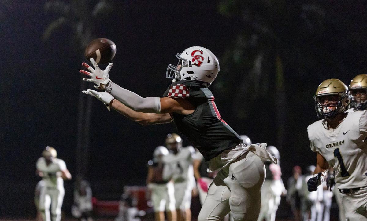 Cardinal Gibbons Chiefs wide receiver Trent DuBuc (6) catches a pass in the first half of his high school football game against the Calvary Christian Academy Eagles at Cardinal Gibbons High School on Friday, Sept. 27, 2024, in Fort Lauderdale, Fla.