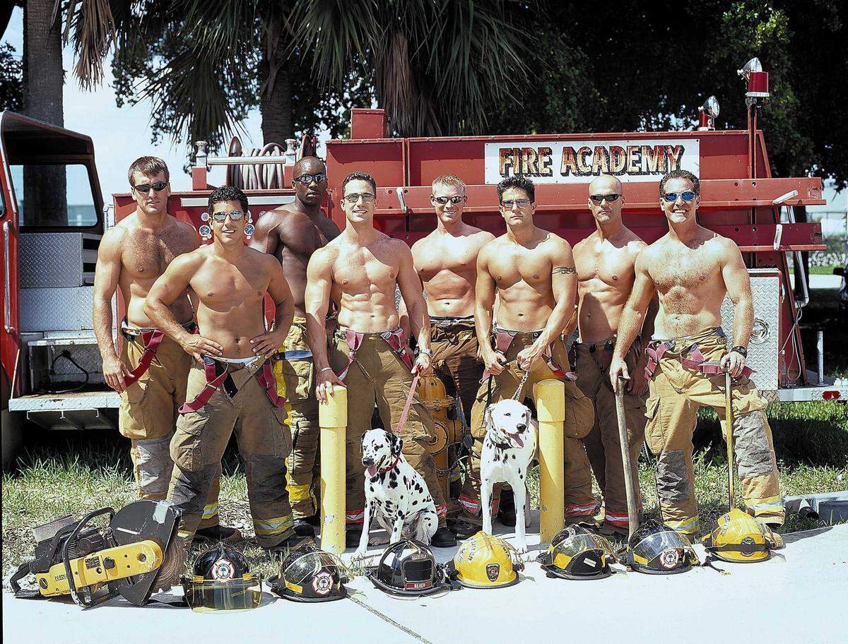 Models pose for the South Florida Firefighters Calendar, which benefited Here's Help, the agency run by Y-100's John “Footy” Kross. The guys are being taught to dance a routine for a big opening event at the nightclub Level.