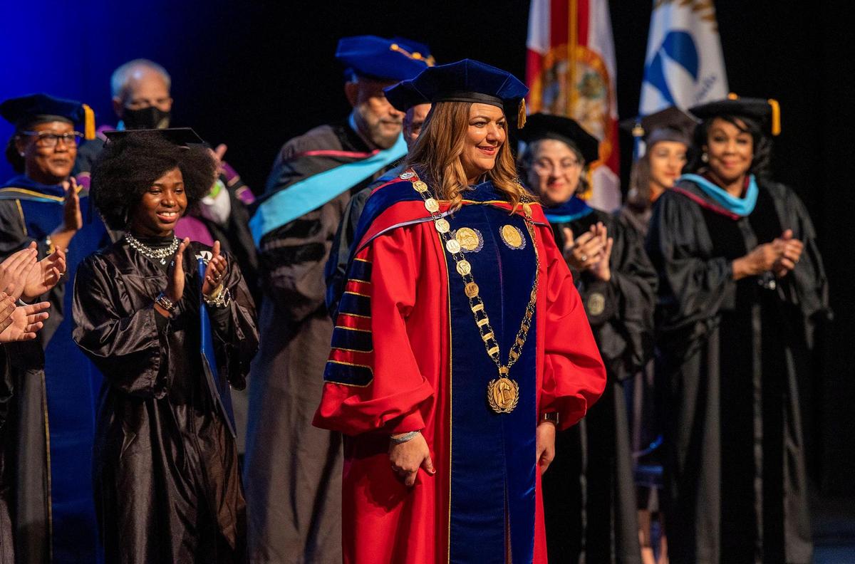 Madeline Pumariega, the first female president of Miami Dade College, reacts during a historic Investiture Ceremony at the Adrienne Arsht Center for the Performing Arts on Dec. 10, 2021.