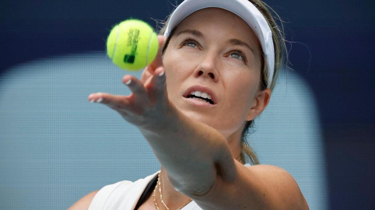 Danielle Collins of USA serves to Caroline Garcia of France during the Miami Open Tennis Tournament at Hard Rock Stadium in Miami Gardens, Florida on Wednesday, March 27, 2024.