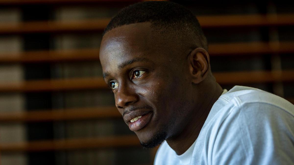 Emmanuel Jean, 36, speaks at a Coral Gables law office on Monday, May 8, 2023. He was released from prison 16 years into a life sentence for a 2006 murder after a Miami-Dade circuit court judge cleared Jean’s name.