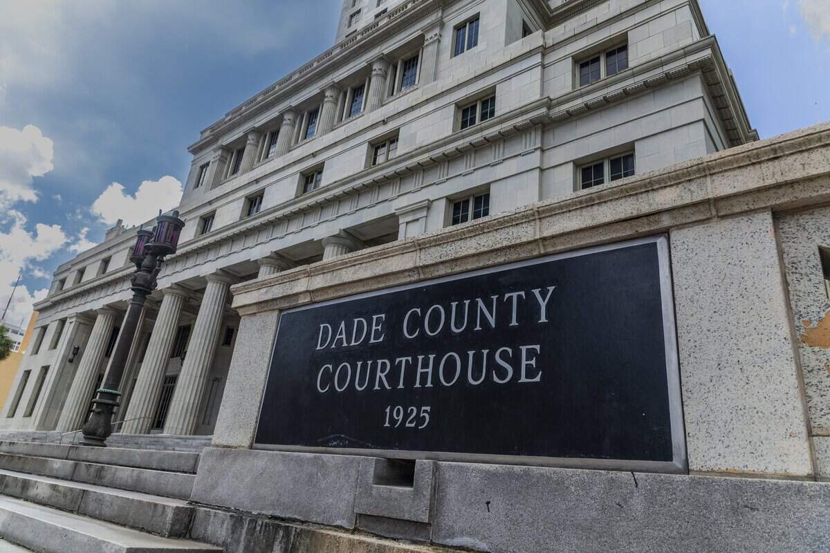 The steps at the Flagler Street entrance to the historic and abandoned Miami-Dade County Courthouse which opened in 1928, that has been up for sale for years, but the county can't find a buyer at the right price, in downtown Miami, Florida on Tuesday, June 30, 2026.