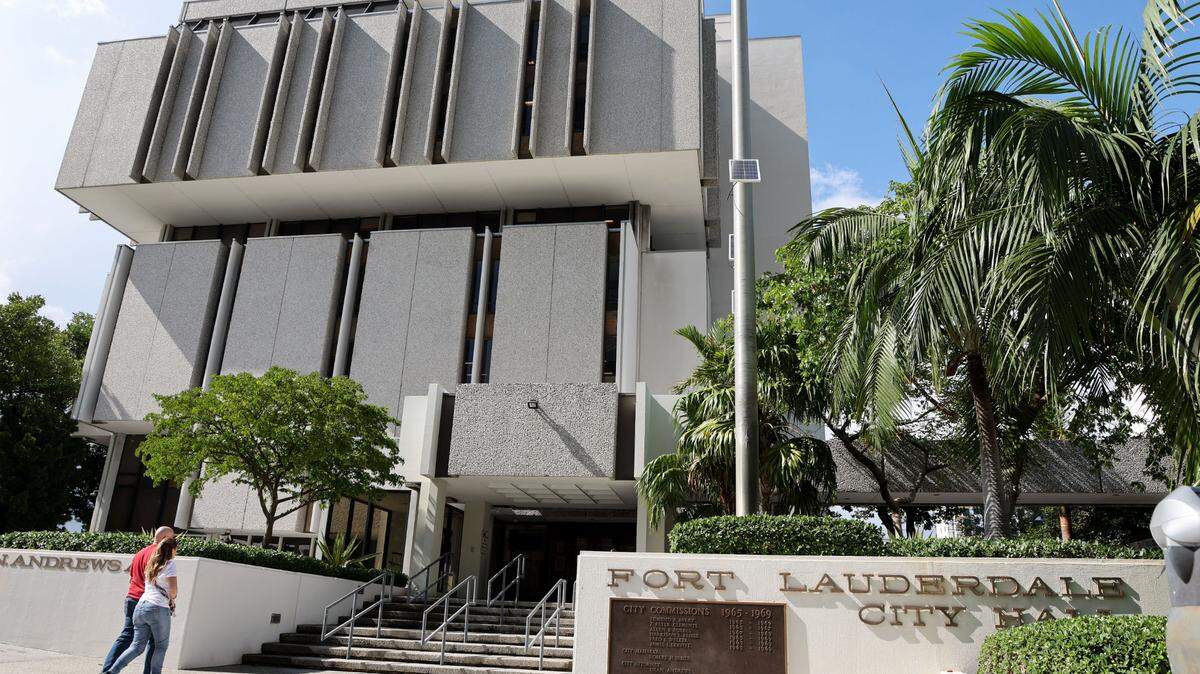 Fort Lauderdale City Hall is seen on Monday, April 17, 2023. The building’s basement flooded amid historic rainfall and flooding.