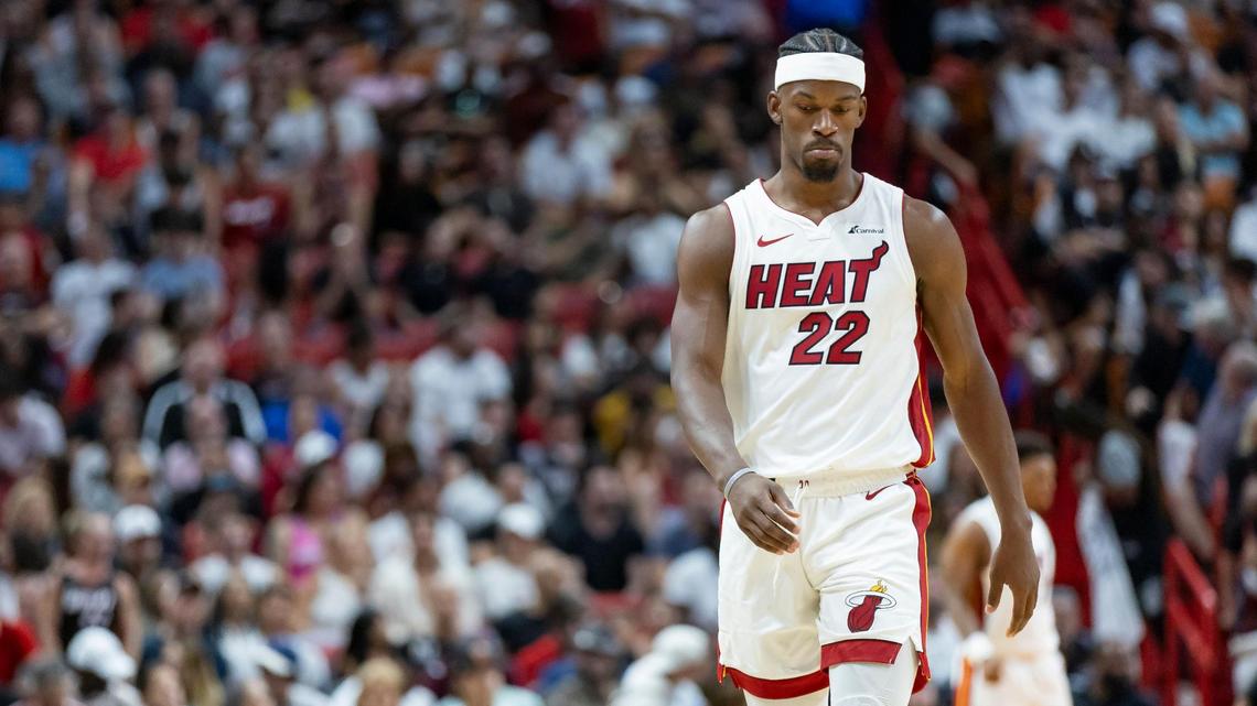 Miami Heat forward Jimmy Butler (22) looks on after the Brooklyn Nets scored against his team in the fourth quarter of an NBA game at Kaseya Center on Wednesday, Nov. 1, 2023, in Miami.