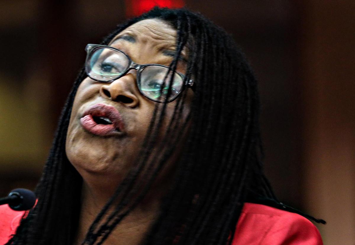 Marleine Bastiene, Family Action Network Movement’s executive director, right, speaks during the U.S. Committee on House Administration’s elections subcommittee hearing on voter rights on Monday, May 6, 2019, at the Broward County Government Center in Fort Lauderdale, Florida.