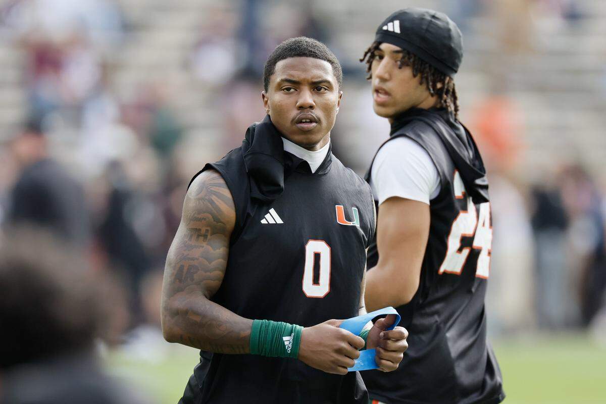 Miami Hurricanes defensive back Keionte Scott (0) during warmups before the 2025 College Football Playoff against the Texas A&M Aggies at Kyle Field at College Station, Texas, on Saturday, December 20, 2025.