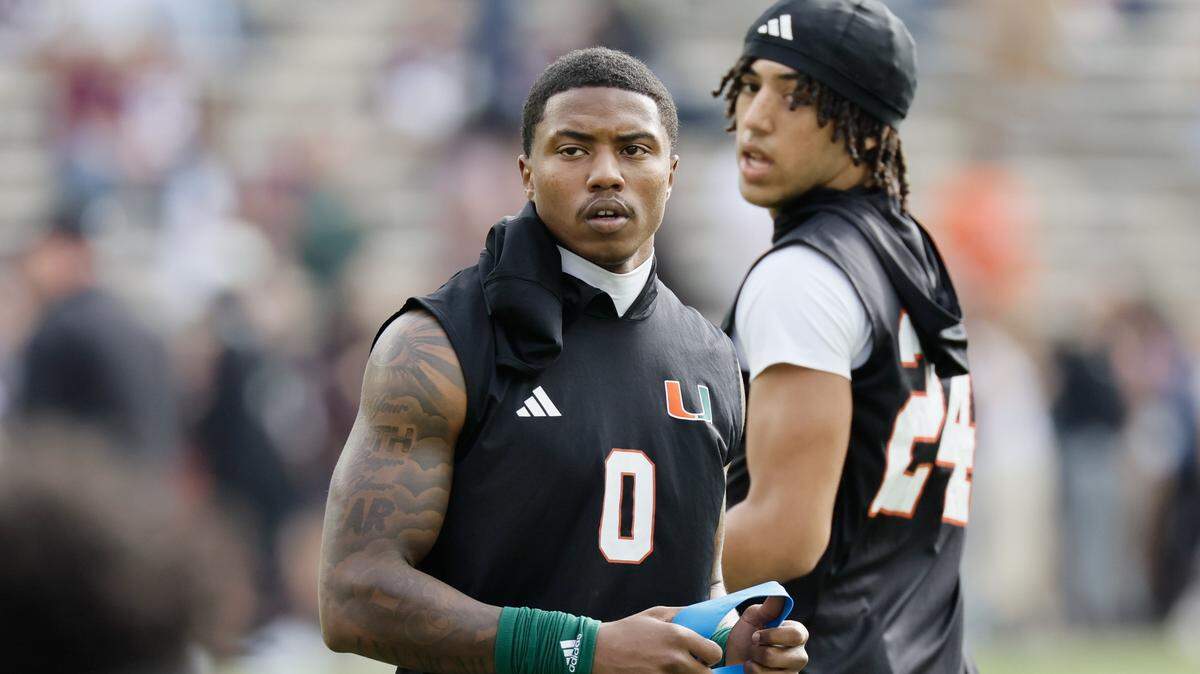 Miami Hurricanes defensive back Keionte Scott (0) during warmups before the 2025 College Football Playoff against the Texas A&M Aggies at Kyle Field at College Station, Texas, on Saturday, December 20, 2025.