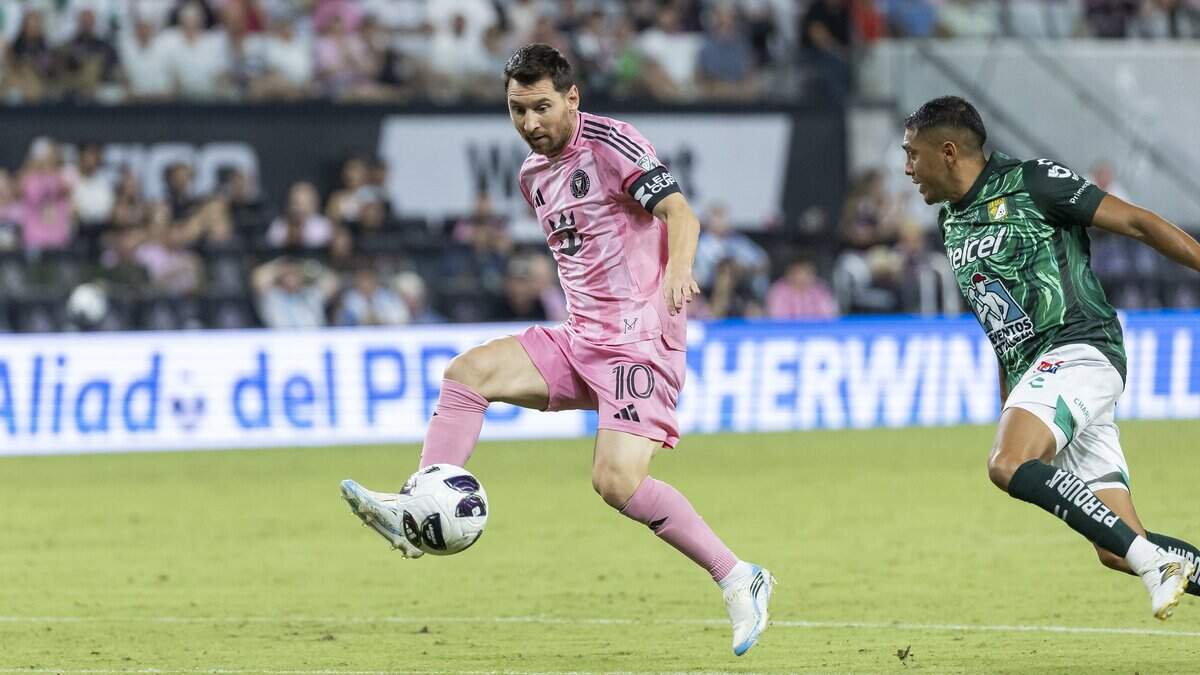 Inter Miami forward Lionel Messi (10) runs with the ball against León in the second half of their Leagues Cup 2026 soccer match at Nu Stadium on Wednesday, Aug. 12, 2026, in Miami, Fla.
