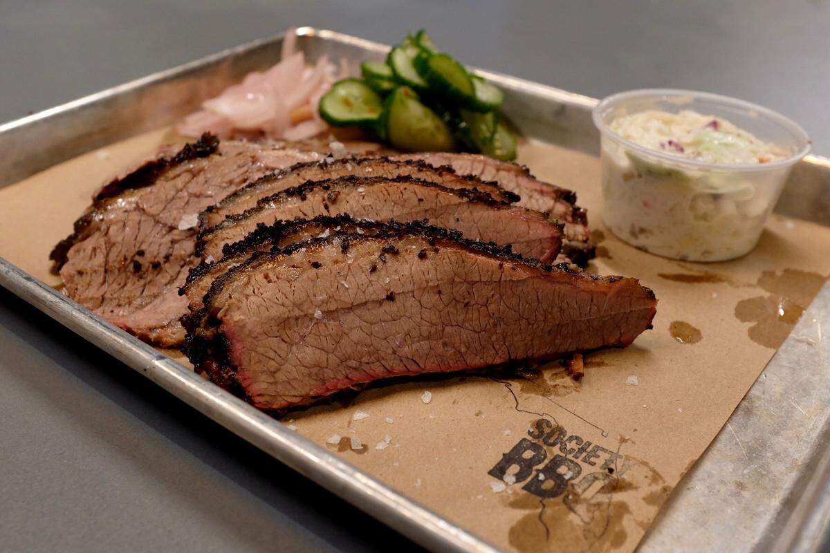 Sliced beef brisket at Society BBQ