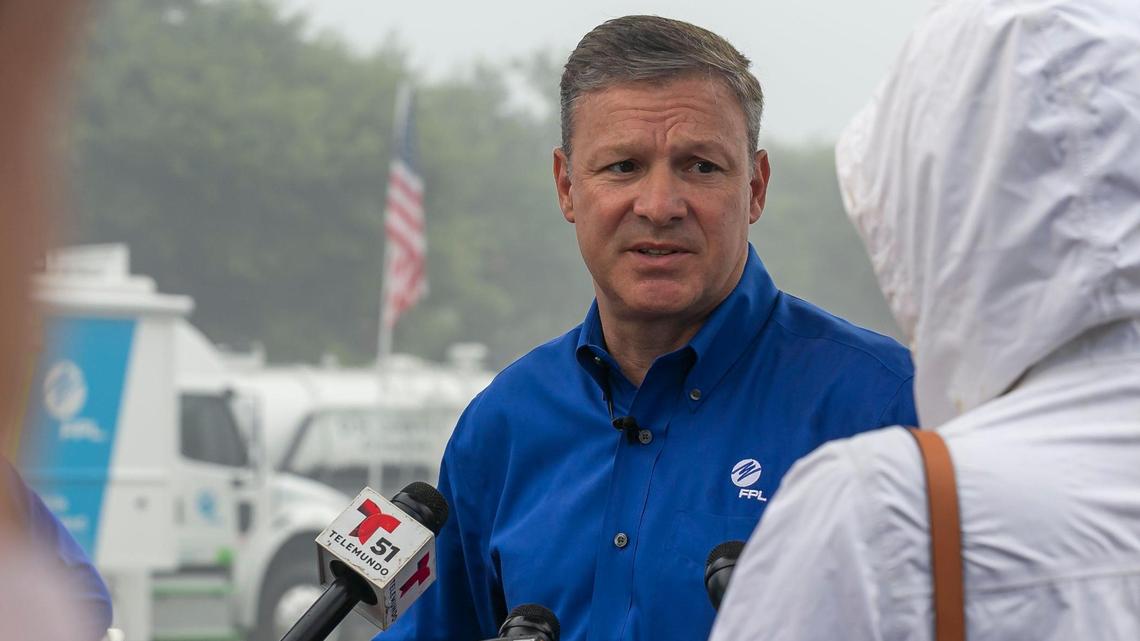 President and CEO of Florida Power & Light Eric Silagy speaks to the media after FPL imploded its last Florida-based coal-fired power plant in Indiantown in Martin County on Wednesday, June 16, 2021.