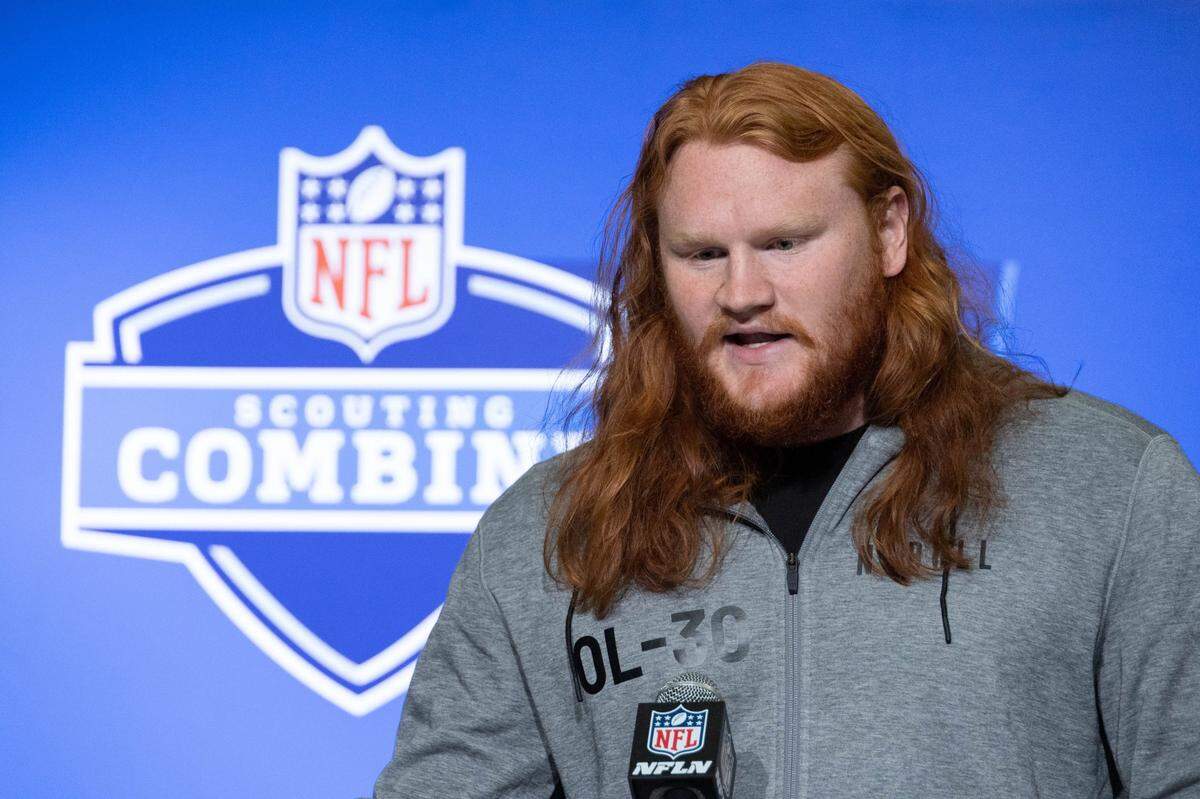 Mar 4, 2023; Indianapolis, IN, USA; North Dakota State offensive lineman Cody Mauch (OL30) speaks to the press at the NFL Combine at Lucas Oil Stadium. Mandatory Credit: Trevor Ruszkowski-USA TODAY Sports