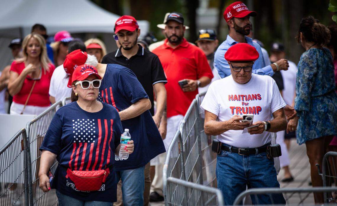 Trump supporters arrive before the start of a rally at Trump National on Tuesday, July 9, 2024, in Doral, Fla.
