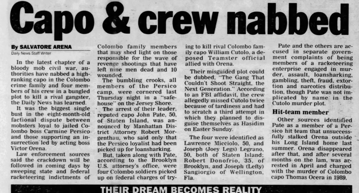 John Pate, identified in this 1992 story in the New York Daily News as a mob ‘capo,’ later became a ‘special consultant’ to Coriaty’s business.