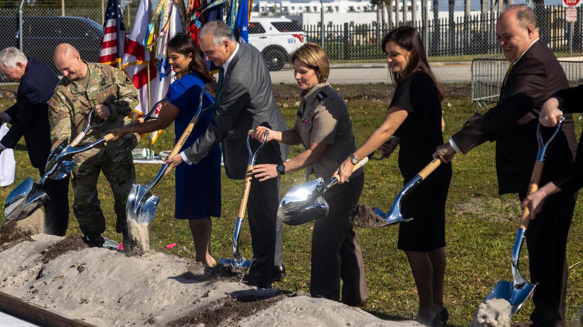 Breaking ground on the Military Housing at United States Southern Command in Doral on Monday, Jan. 30, 2023, are, from right, Juan Carlos Bermudez, Miami-Dade County Commissioner, District 12, Florida Lt. Governor Jeanette Nuñez, General Laura J. Richardson, Commander, U.S. Southern Command, Congressman Mario Diaz-Balart (FL-26), Christi Fraga, Mayor of the City of Doral, and General Edward M. Daly, United States Army Materiel Command.