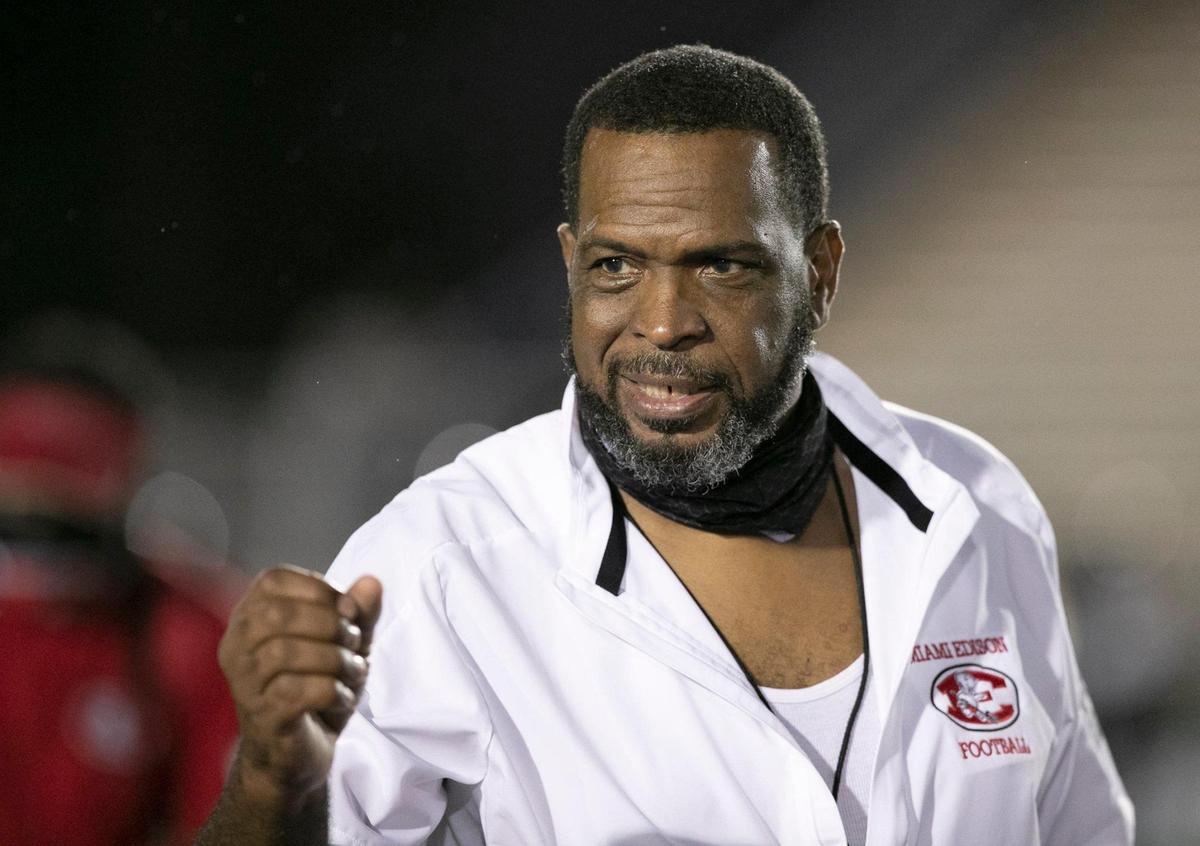 Miami Edison High School football coach Luther Campbell speaks to the team after defeating Miami Norland Senior High School at Traz Powell Stadium in Miami on Thursday, November 5, 2020.