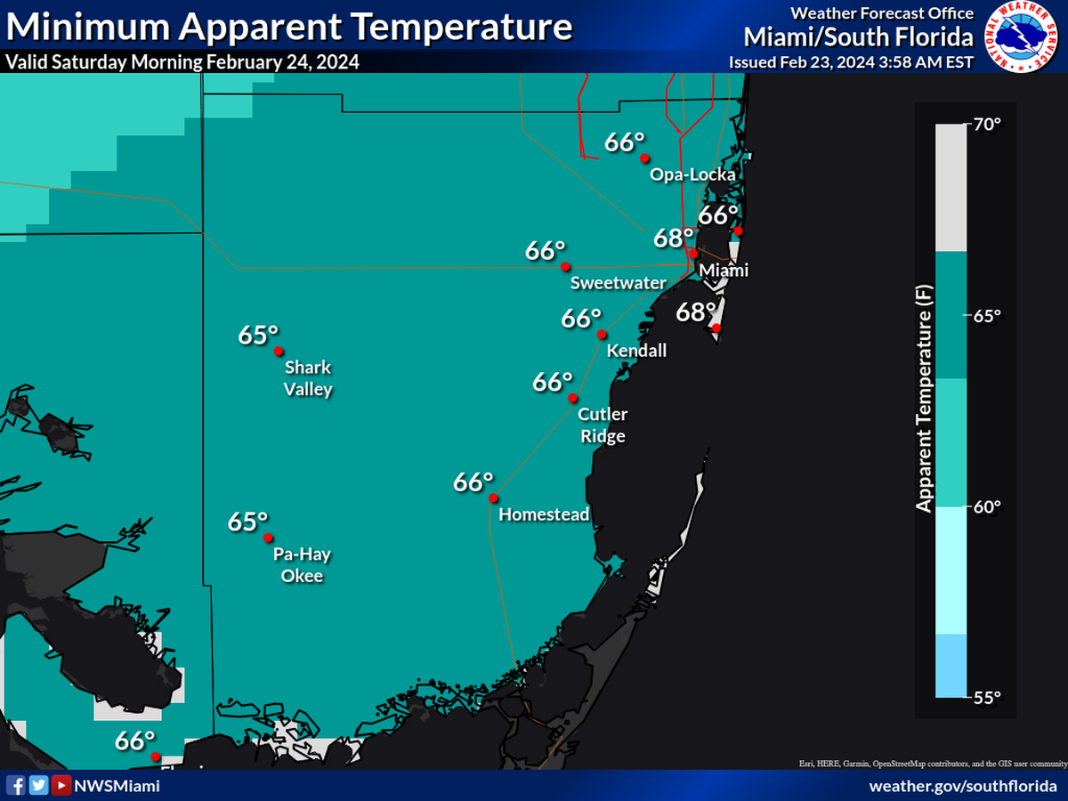 Here are the minimum apparent temperatures across Miami-Dade County on the morning of Saturday, Feb. 24, 2024.