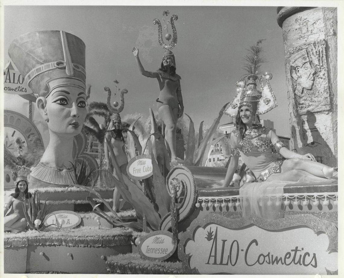 Elina Salabarría, Miss Cuba Libre, on the Miss Universe float on Biscayne Boulevard in December 1967. “It was cold, we were all shivering,” Salabarría recalls, pointing out that the Nefertiti-style costumes were very pretty.