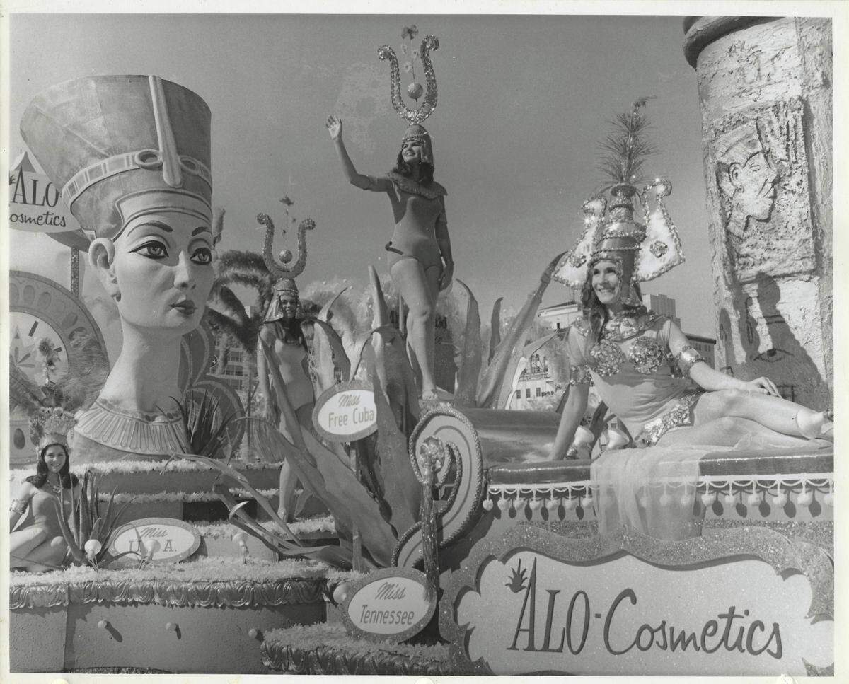 Elina Salabarría, Miss Cuba Libre, on the Miss Universe float on Biscayne Boulevard in December 1967. “It was cold, we were all shivering,” Salabarría recalls, pointing out that the Nefertiti-style costumes were very pretty.
