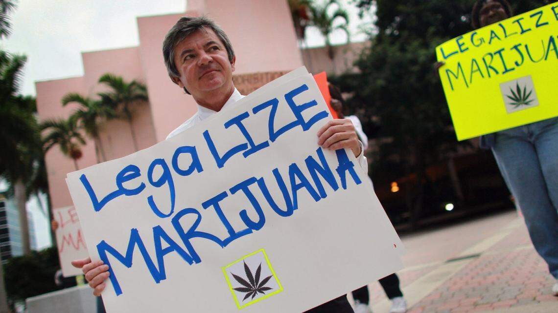 Jim Lewis, then a candidate for Florida attorney general who ran on a platform of legalizing marijuana, holds a sign during a Fort Lauderdale campaign rally on Oct. 12, 2010.