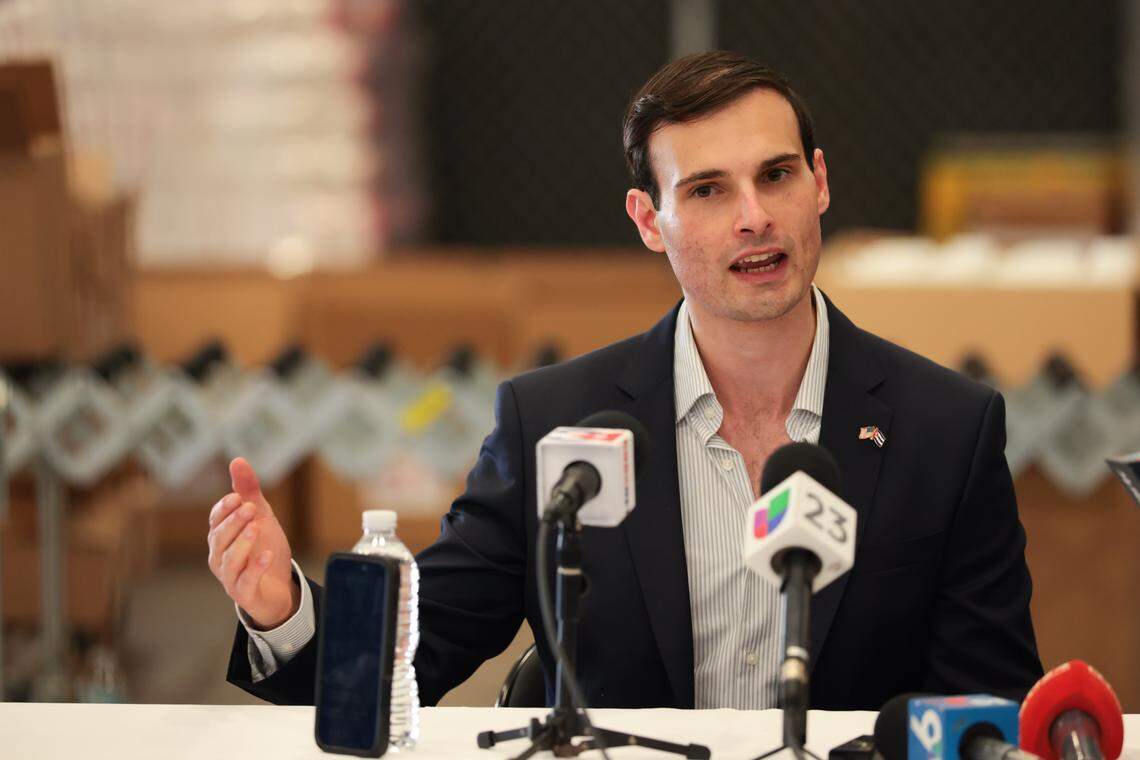 U.S. Under Secretary of State for Foreign Assistance Jeremy Lewin speaks to reporters about the relief supplies being prepared for shipment to Cuba during a press conference at the Ecolog Warehouse, 1951 N. Commerce Parkway, Wednesday, Jan. 14, 2026, in Weston, Florida. 