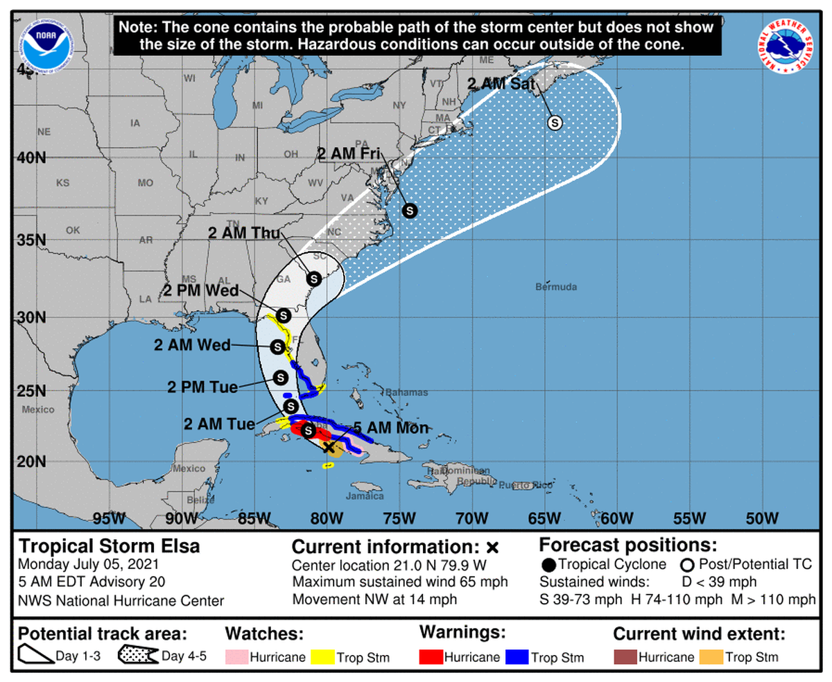 Tropical Storm Elsa, 5 a.m. Monday