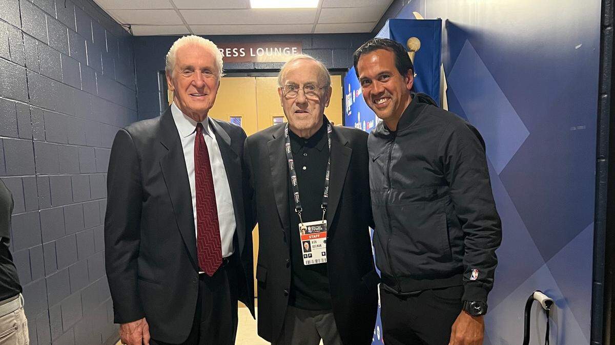 Heat coach Erik Spoelstra stands alongside two of his biggest basketball influences, Pat Riley and Rick Adelman ahead of Game 2 of the 2023 NBA Finals.