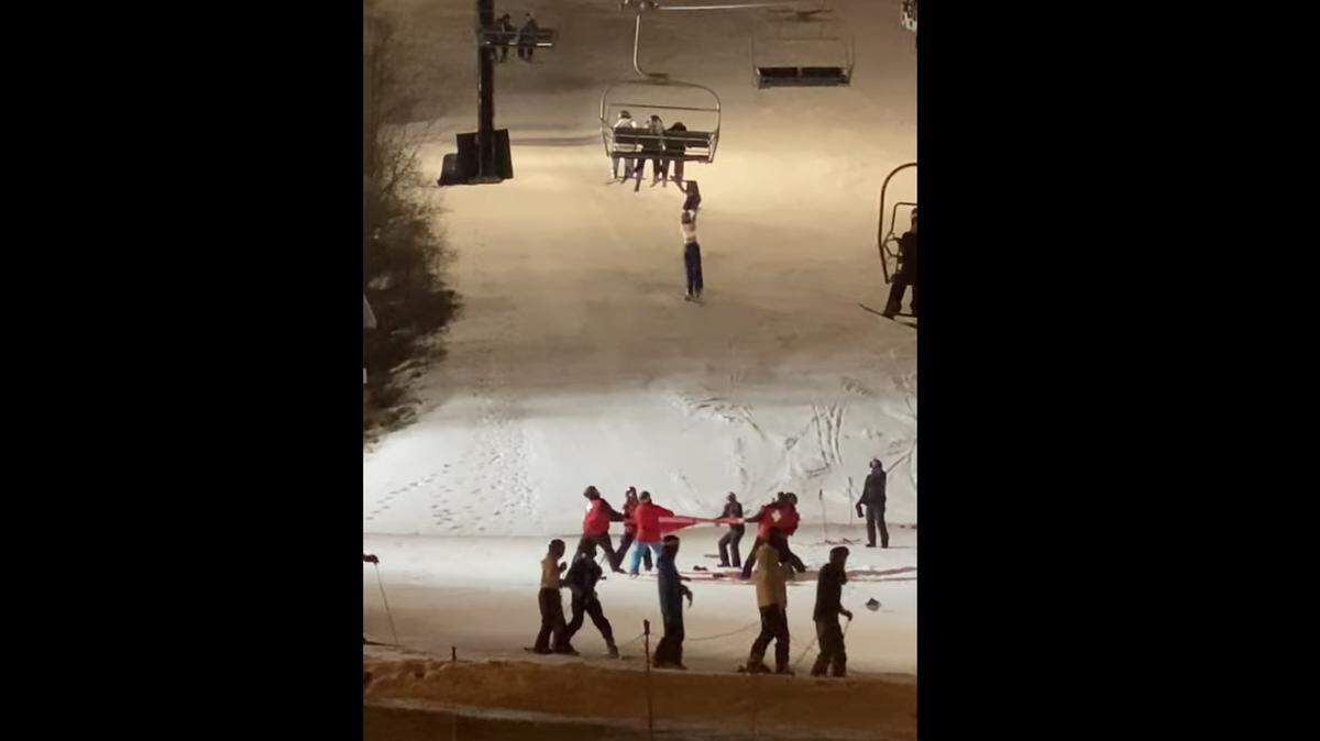 A screen grab from a video that shows the moments before a skier falls off a chairlift carrying three other people on Jan. 3 in upstate New York.