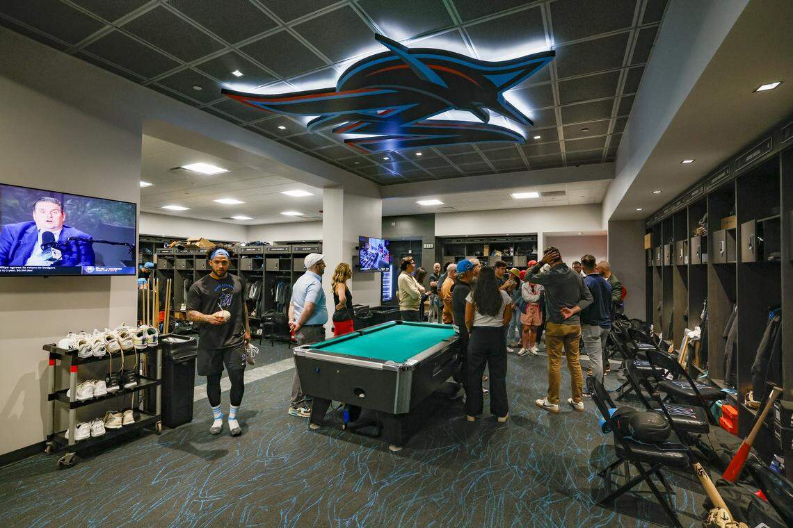 Media tour of the locker room at Marlins Jupiter Academy during the first day of Miami Marlins spring training at Roger Dean Chevrolet Stadium in Jupiter, Florida on Wednesday, February 11, 2026 