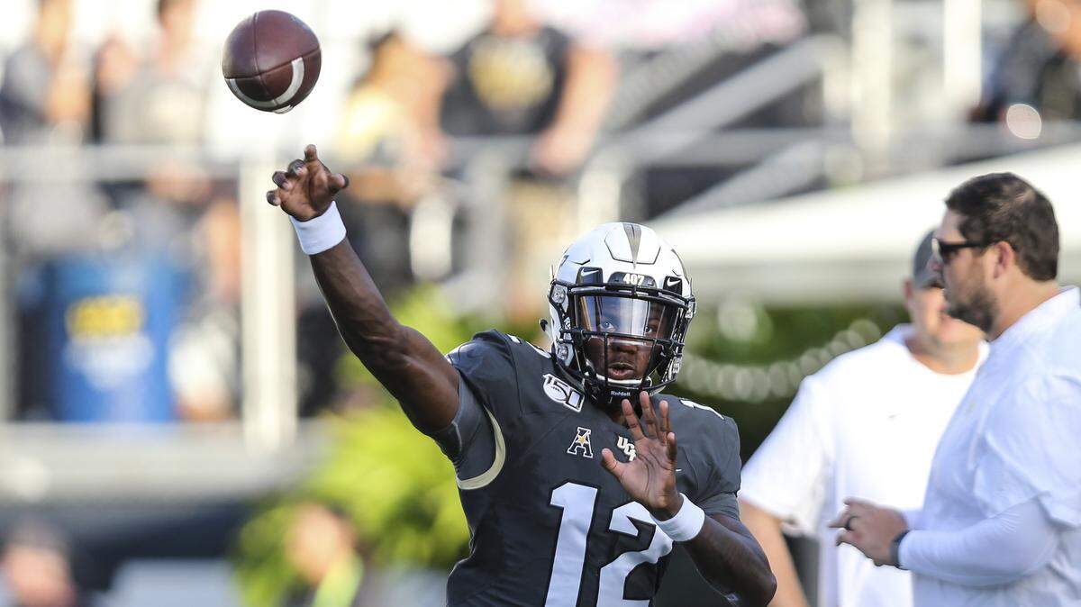 Central Florida quarterback Quadry Jones (12) during warm-ups before an NCAA football game against Florida A&M on Thursday, Aug. 29, 2019 in Orlando, Fla.