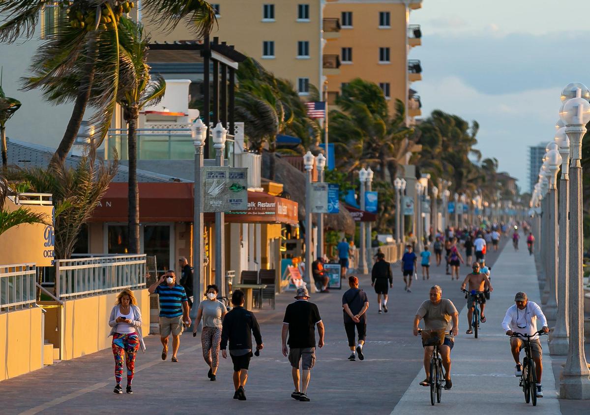 Walkers and bikers on the Hollywood Broadwalk.