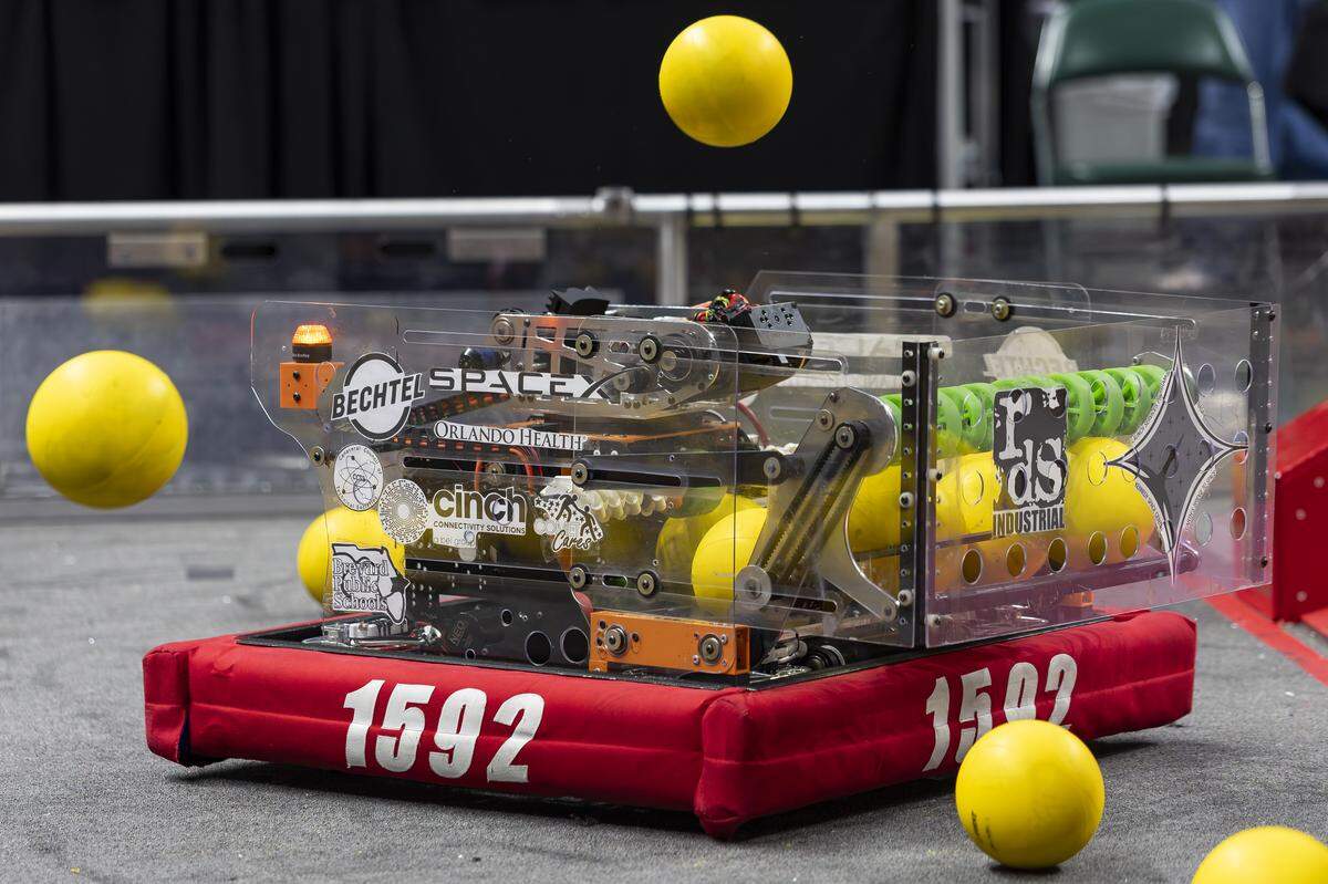 Cocoa Beach High School students with Team 1592 Bionic Tigers participate in the 2026 FIRST Robotics South Florida Regional Competition at the University of Miami’s Watsco Center on Friday, April 10, 2026, in Coral Gables, Fla. Participants from local school districts, surrounding states, and international teams are competing for an opportunity to earn a spot at the 2026 FIRST World Championship.