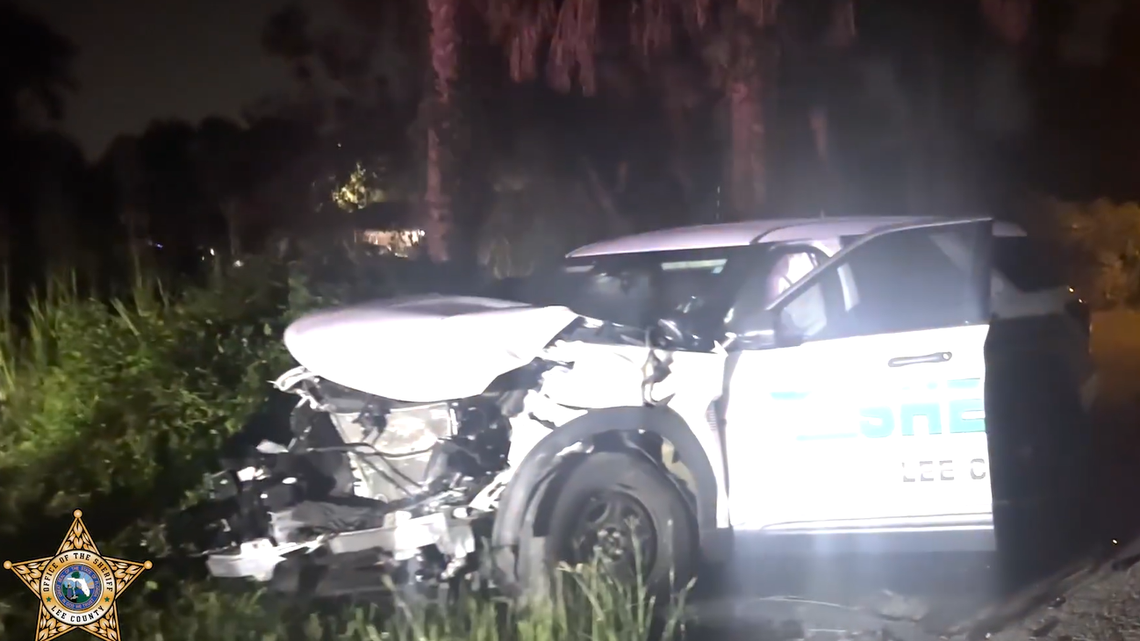 This Lee County Sheriff’s Office patrol car was heavily damaged when it was struck by a a stolen U-Haul traveling on the wrong side of the road in Florida, the sheriff’s office says.