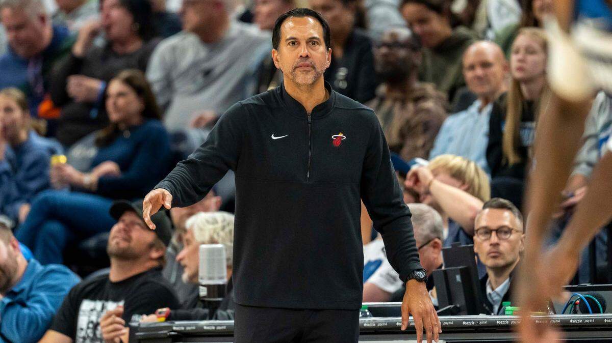 Miami Heat head coach Erik Spoelstra looks on against the Minnesota Timberwolves in the second half at Target Center.