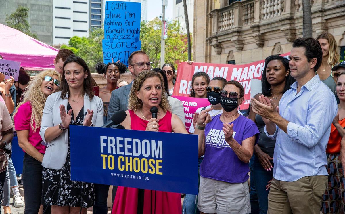 U.S. Rep Debbie Wasserman Schultz speaks at a pro-choice rally in downtown Miami on May 3, 2022.
