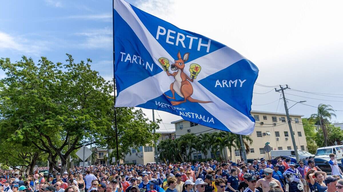 Scottland fans during the gathering of the Tartan Army celebrate at Loan Depot Park in Miami, Fla., on Monday, June 22, 2026.