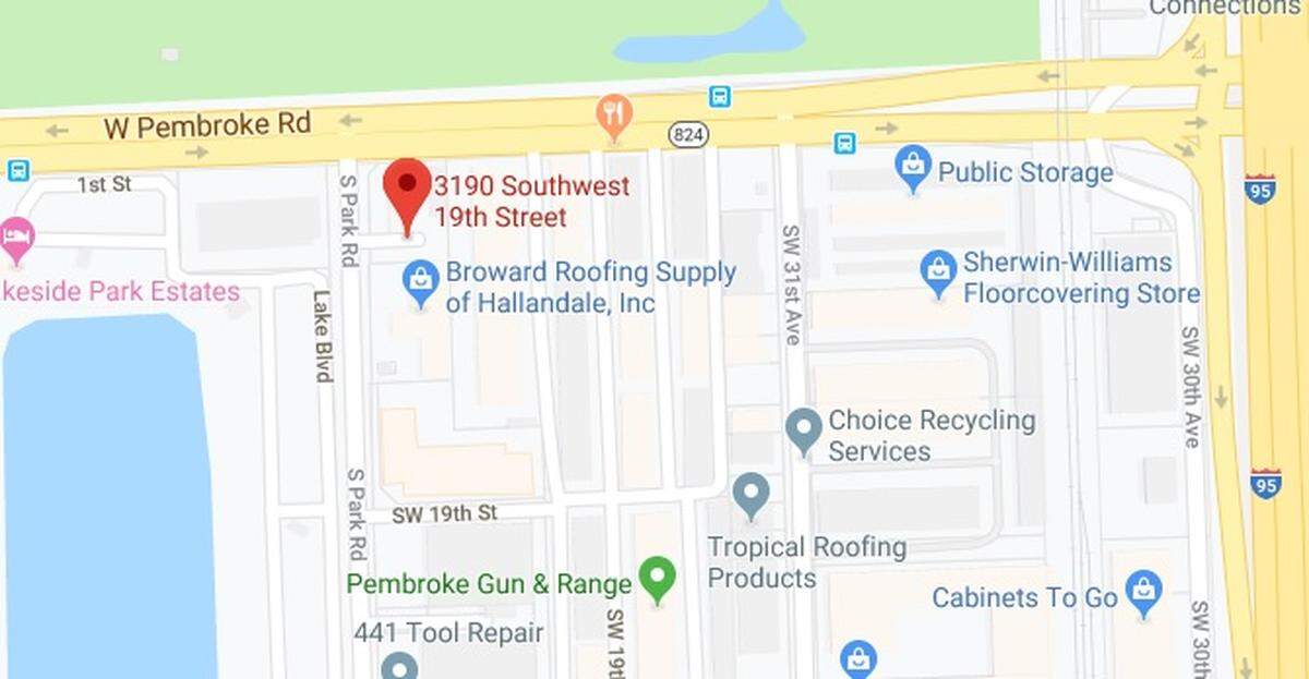 A Google Maps view of 3190 SW 19th St. in Pembroke Park, site of a former oil processing plant that has been targeted by the county and EPA for cleanup, 48 years after it went out of business. The location is near a shooting range, public storage facility and stores.