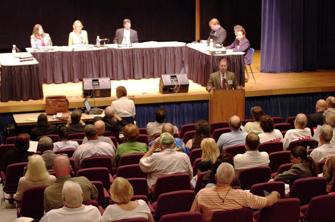 J.R. Kelly from the Office of the Public Counsel presents his case on June 25, 2009, on why there should be no increase in the base rate during the FPL hearing inside Broward County Main Library in Fort Lauderdale.