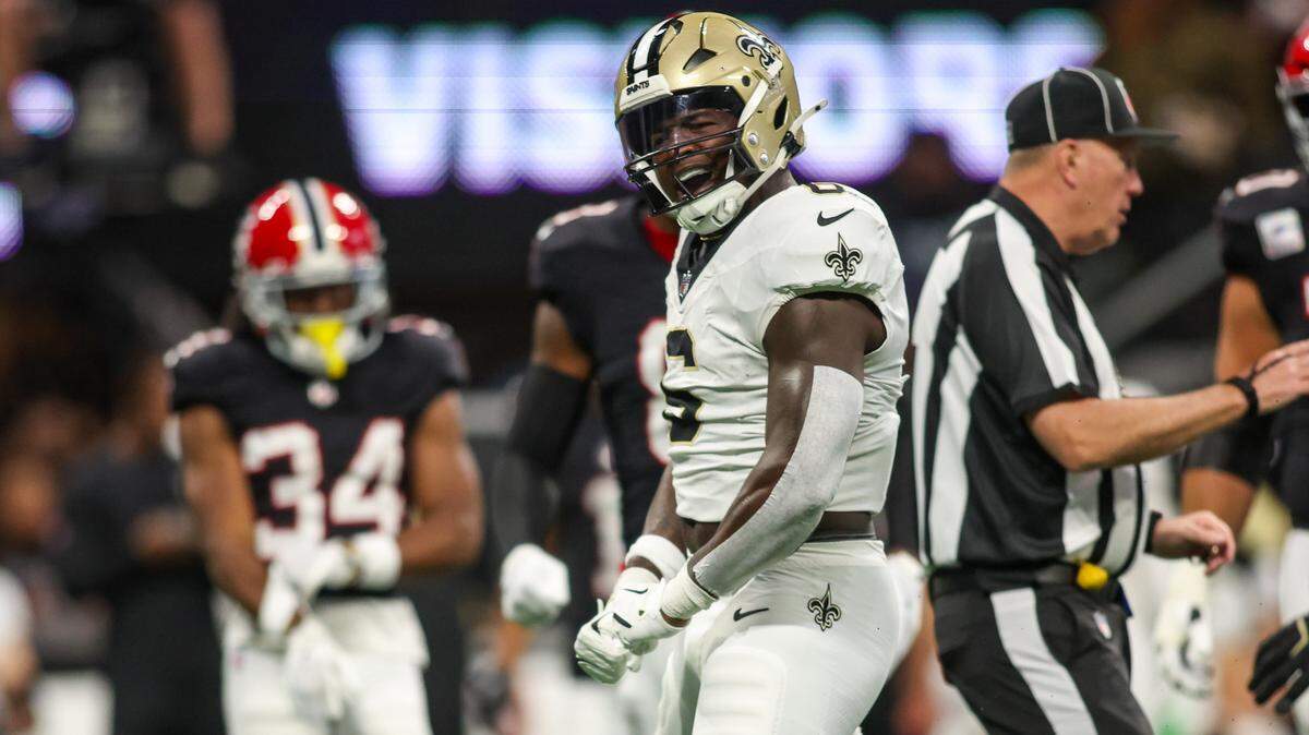 Sep 29, 2024; Atlanta, Georgia, USA; New Orleans Saints linebacker Willie Gay (6) reacts after a tackle against the Atlanta Falcons in the first quarter at Mercedes-Benz Stadium. Mandatory Credit: Brett Davis-Imagn Images