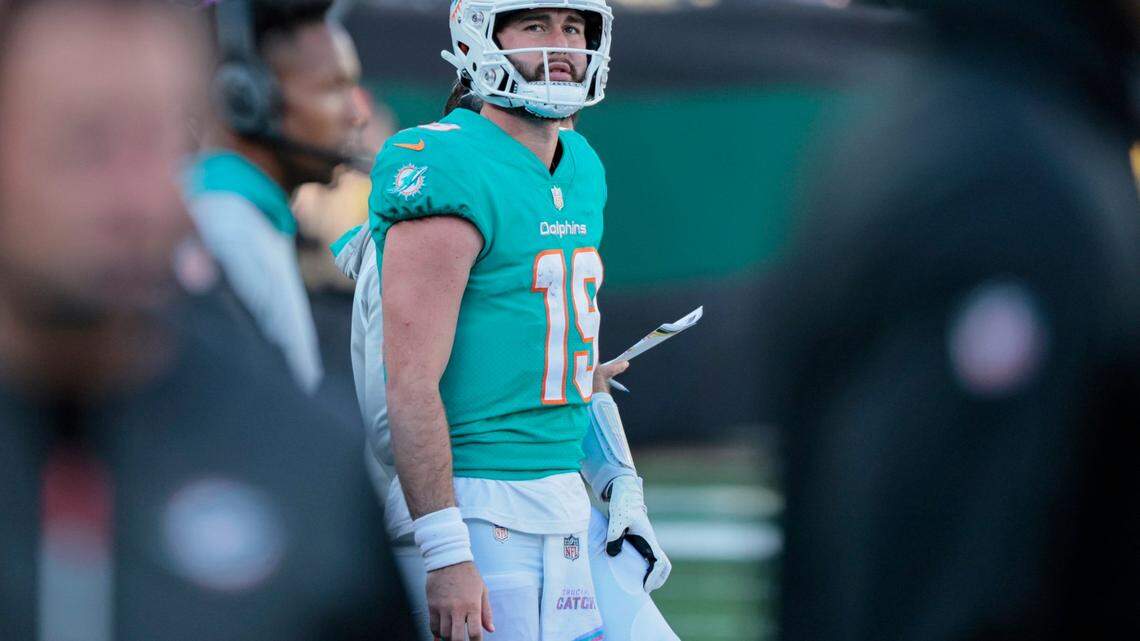 Miami Dolphins quarterback Skylar Thompson (19) looks on from the sidelines as the Dolphins trail the New York Jets in the fourth quarter at MetLife Stadium in in East Rutherford, New Jersey on Sunday, October 9, 2022.