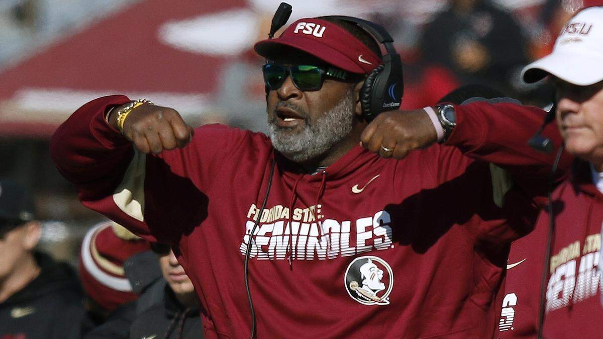 Florida State interim head coach Odell Haggins shouts instructions from the side in the first half of an NCAA college football game against Boston College, Saturday, Nov. 9, 2019, in Boston.